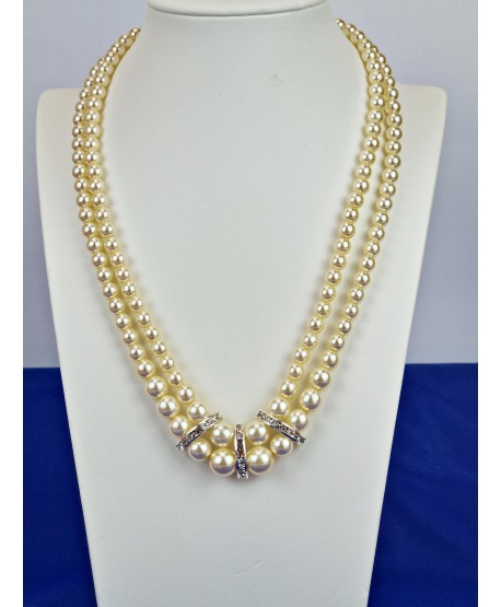 Naszyjnik ze szklanych pereł ecru ze wstawką podwójny