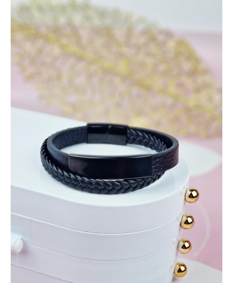 Bransoletka skórzana męska z czarną blaszką