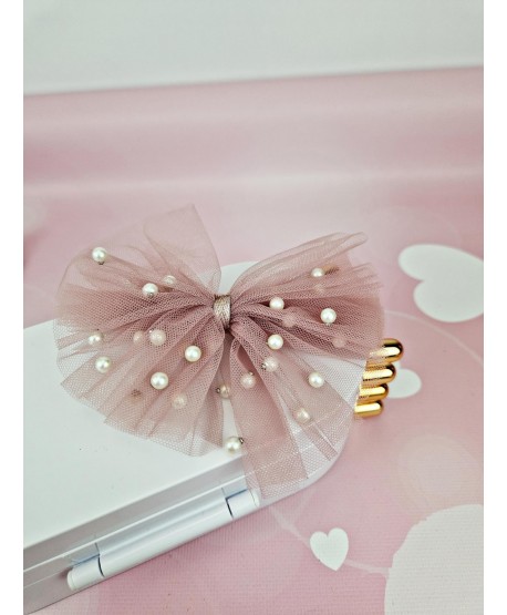 Tiulowe kokardki z perełkami na spince