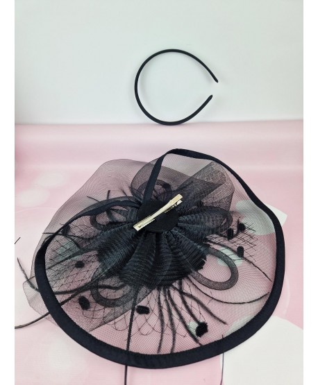 Fascynator toczek czarny z woalką