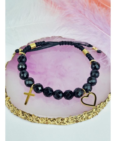 Bransoletka na czarnym sznurku z krzyżykiem oraz serduszkiem