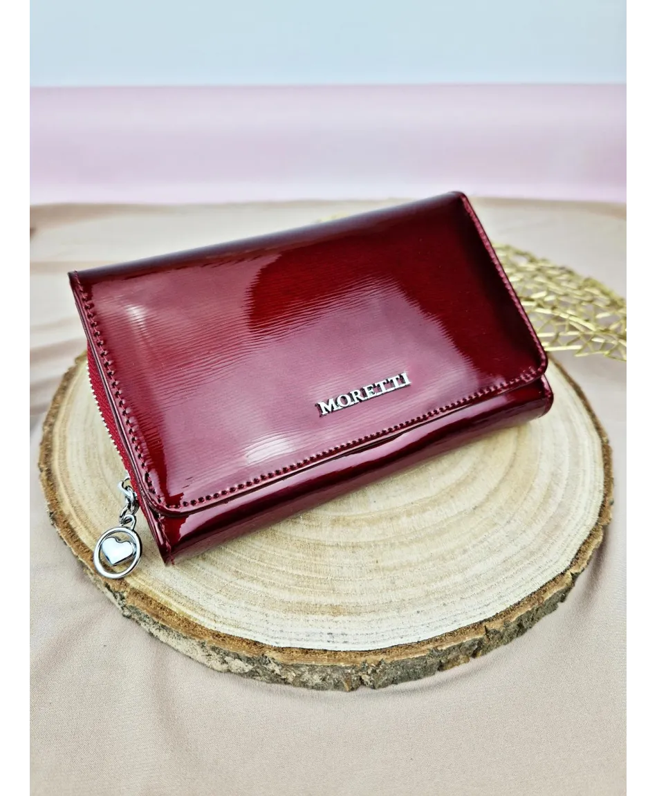 Portfel damski skórzany na zamek czerwony czarny Moretti
