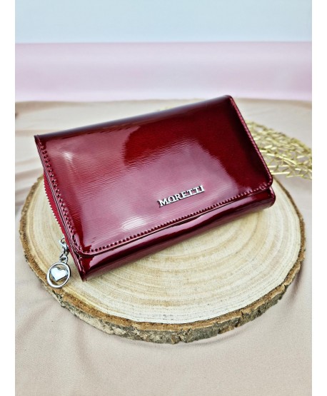 Portfel damski skórzany na zamek czerwony czarny Moretti