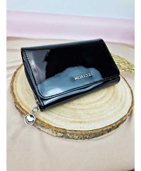 Portfel damski skórzany na zamek czerwony czarny Moretti