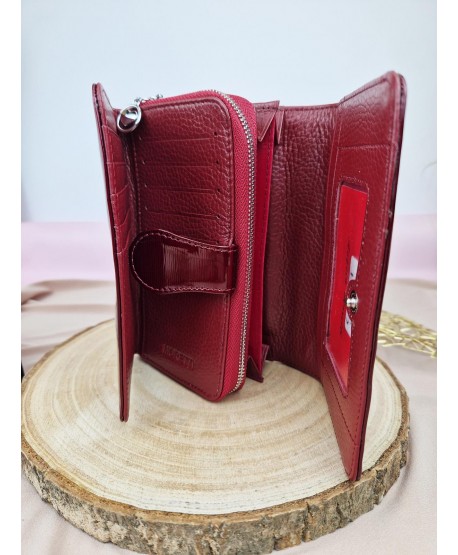 Portfel damski skórzany na zamek czerwony czarny Moretti