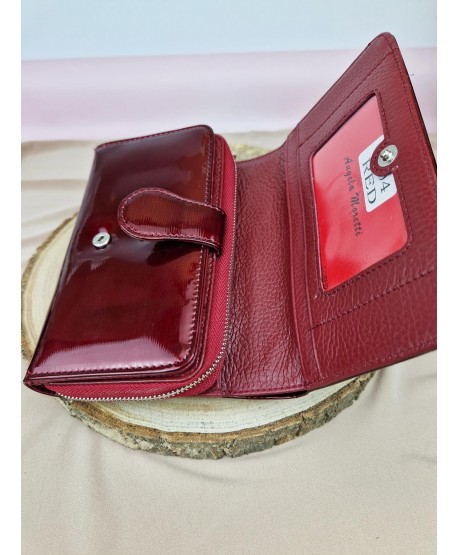 Portfel damski skórzany na zamek czerwony czarny Moretti