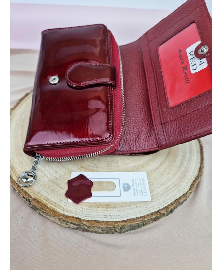 Portfel damski skórzany na zamek czerwony czarny Moretti