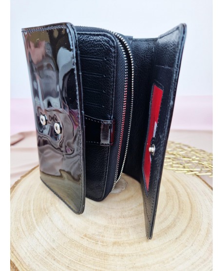 Portfel damski skórzany na zamek czerwony czarny Moretti