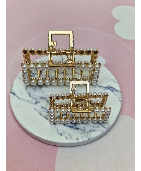 Spinki klamry do włosów złote prostokątne z perełkami