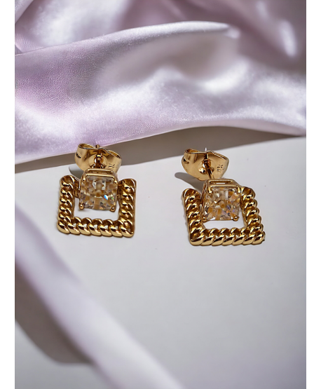 Kolczyki stal złote kwadraciki z cyrkonią