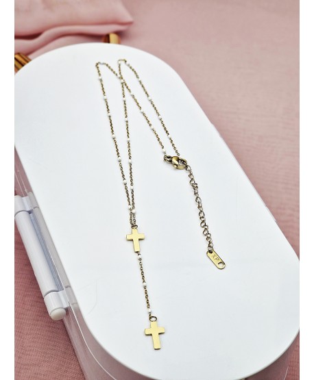 Naszyjnik stal krawatka różaniec z białymi koralikami