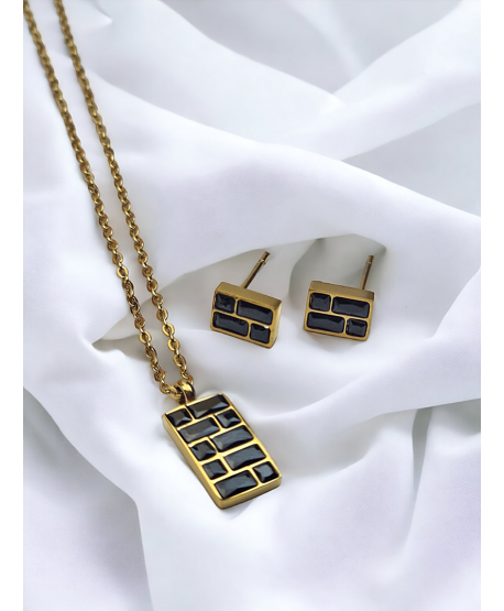 Komplet naszyjnik i kolczyki czarne cyrkoniowe prostokąciki