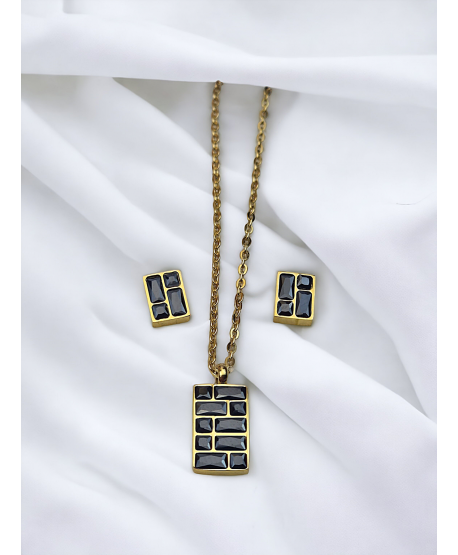 Komplet naszyjnik i kolczyki czarne cyrkoniowe prostokąciki