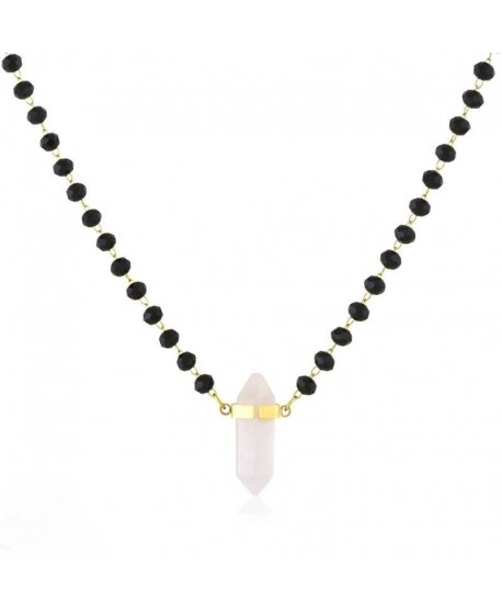 Naszyjnik stal złoty czarne koraliki z minerałem kwarc różowy