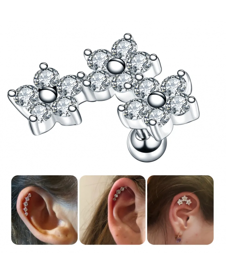 Kolczyk ozdobny labret tragus helix z cyrkoniowymi kwiatuszkami