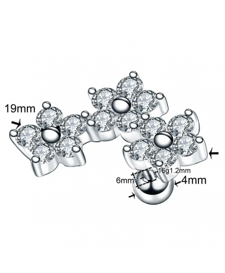 Kolczyk ozdobny labret tragus helix z cyrkoniowymi kwiatuszkami