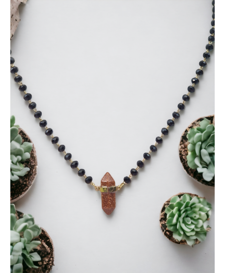 Naszyjnik stal czarne koraliki z minerałem piasek pustyni