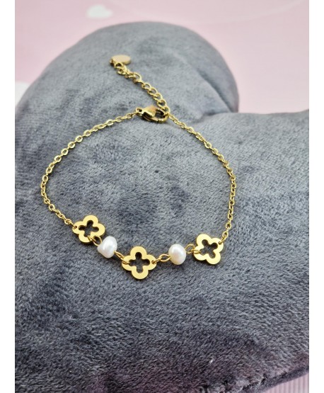 Bransoletka stal złota białe perełki z koniczynkami