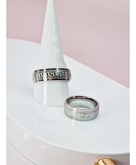 Pierścionek stal srebrny szeroki z drogą grecką