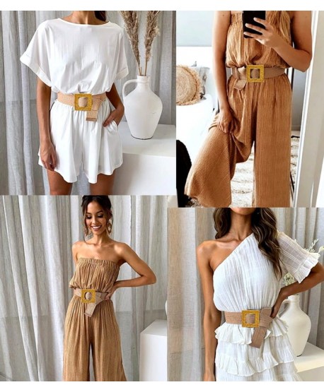 Beżowy, słomiany pasek z kwadratową klamrą