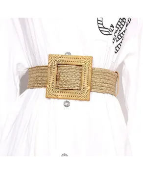 Beżowy, słomiany pasek z kwadratową klamrą