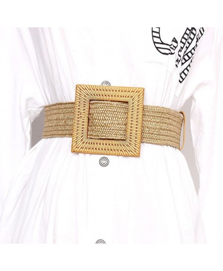 Beżowy, słomiany pasek z kwadratową klamrą