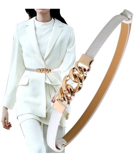 Biały pasek wąski elegancki ze złotą klamrą