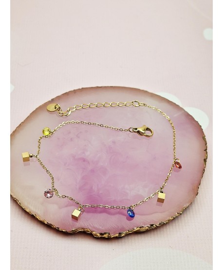 Bransoletka na kostkę stal z kolorowymi kryształkami