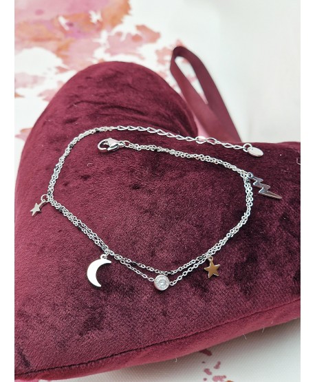 Bransoletka na kostkę stal z gwiazdkami i czarnymi koralikami