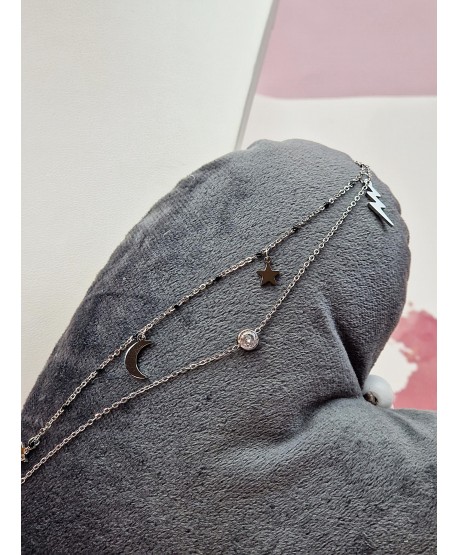 Bransoletka na kostkę stal z gwiazdkami i czarnymi koralikami