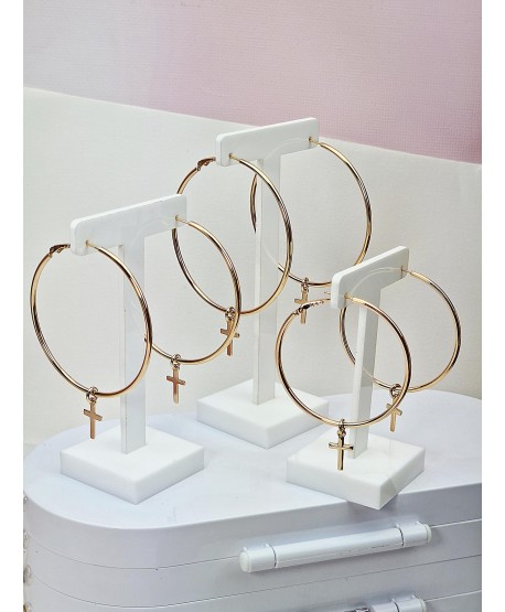 Kolczyki stal złote koła z krzyżykami