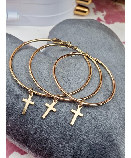 Kolczyki stal złote koła z krzyżykami
