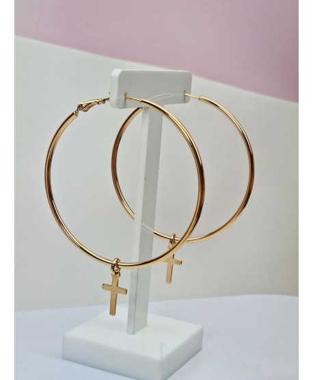 Kolczyki stal złote koła z krzyżykami