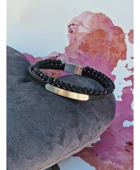 Bransoletka skórzana męska z czarnymi koralikami