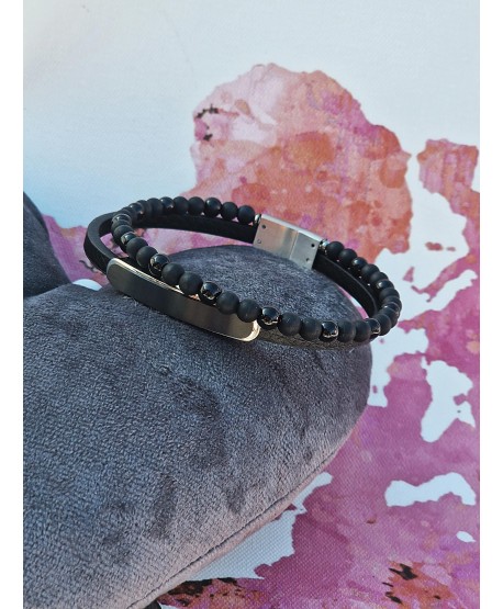 Bransoletka skórzana męska z czarnymi koralikami