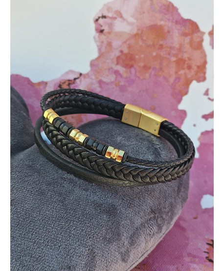 Bransoletka skórzana męska ze złotymi elementami