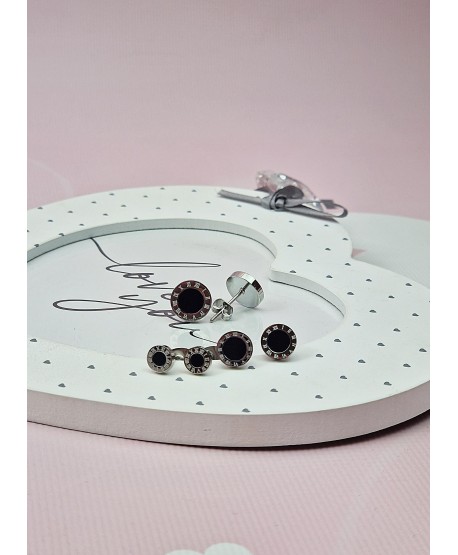 Kolczyki srebrne stal zegar czarna emalia