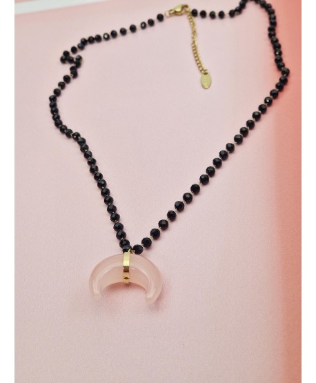 Naszyjnik stal z koralikami i minerałem- kwarc różowy