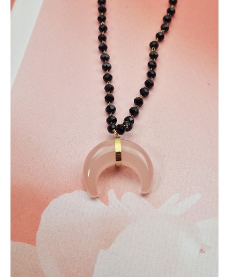 Naszyjnik stal z koralikami i minerałem- kwarc różowy