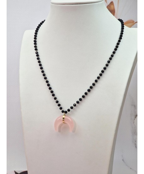 Naszyjnik stal z koralikami i minerałem- kwarc różowy