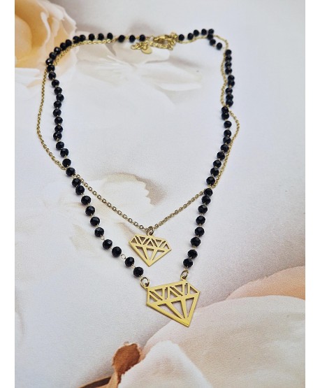 Naszyjnik stal podwójna celebrytka z czarnymi koralikami i diamentami