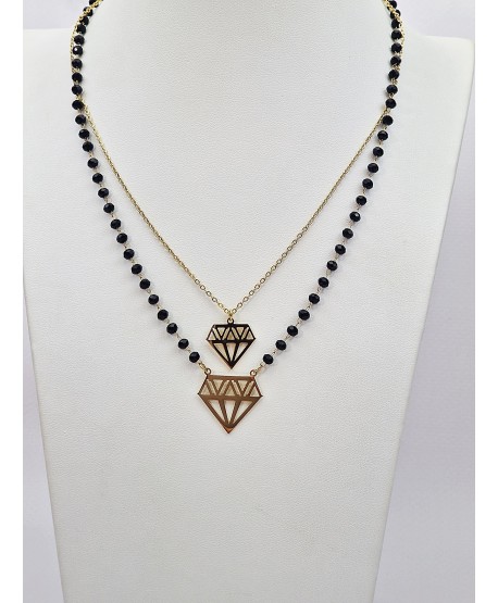 Naszyjnik stal podwójna celebrytka z czarnymi koralikami i diamentami
