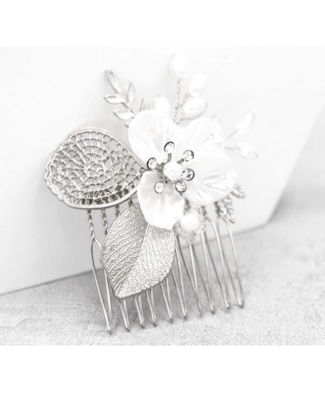 Grzebyk do włosów srebrny z białą emalią