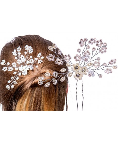 Kokówki do włosów białe kwiatki z perełkami