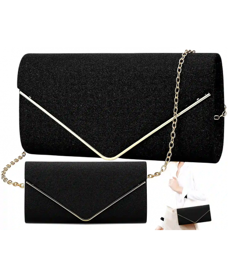 Torebka kopertówka czarna brokatowa ze srebrną lamówką