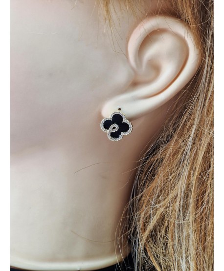 Kolczyki stal czarne koniczynki emalia