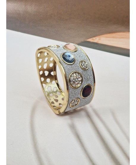 Bransoletka mankietowa złota z brokatem i kryształkami