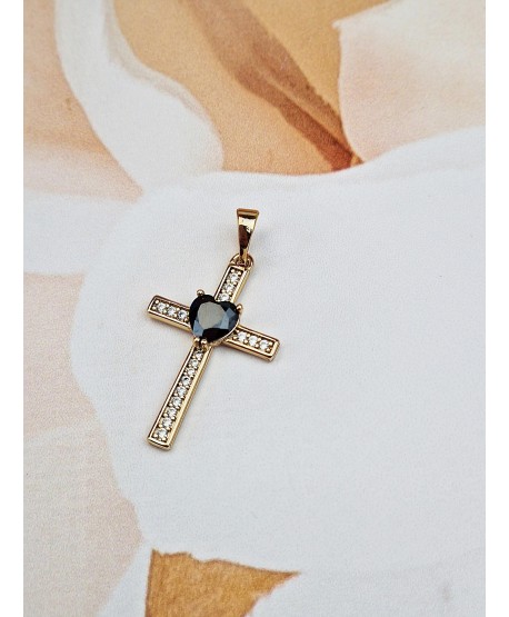 Zawieszka stal złoty krzyżyk z kolorowym serduszkiem