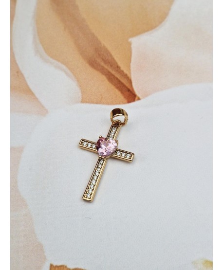 Zawieszka stal złoty krzyżyk z kolorowym serduszkiem