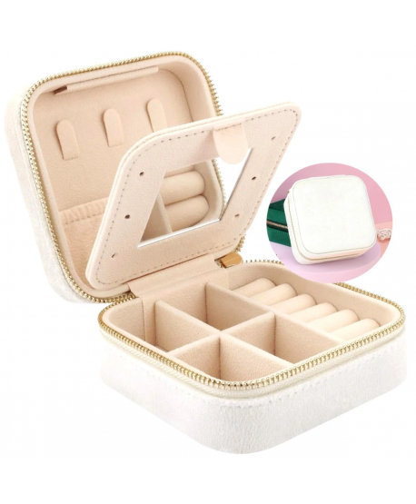 Szkatułka pudełeczko na biżuterię kremowa zamszowa z lusterkiem
